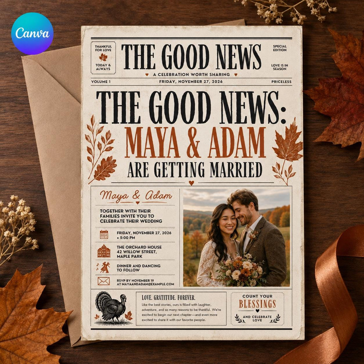 Newspaper Wedding Invitation – Fall Thanksgiving Wedding Announcement – Vintage Editorial