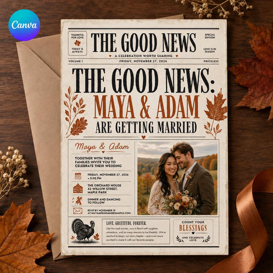 Newspaper Wedding Invitation – Fall Thanksgiving Wedding Announcement – Vintage Editorial