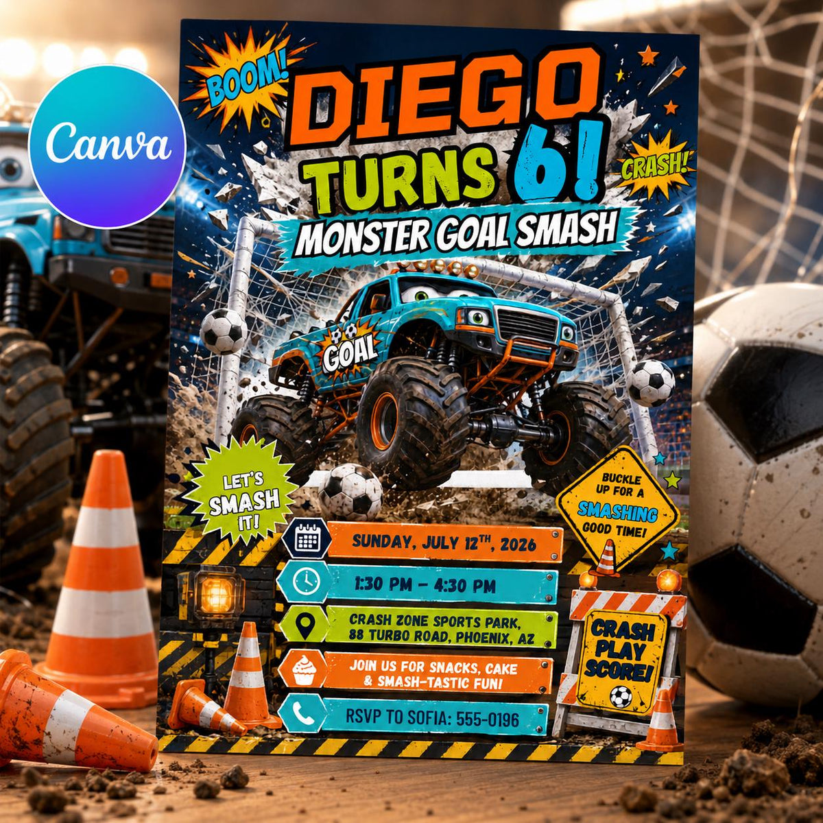 Monster Goal Smash Birthday Invitation, Editable Monster Truck Soccer Invite, Boy 6th Birthday Crash Zone Template, Printable Download