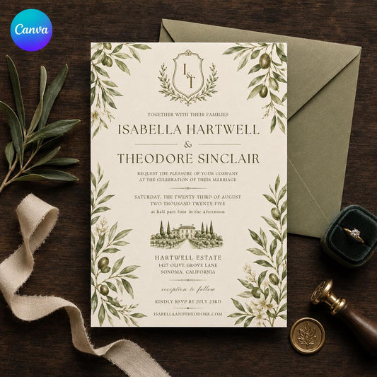 Olive Branch Wedding Invitation – Tuscan Estate Greenery Monogram