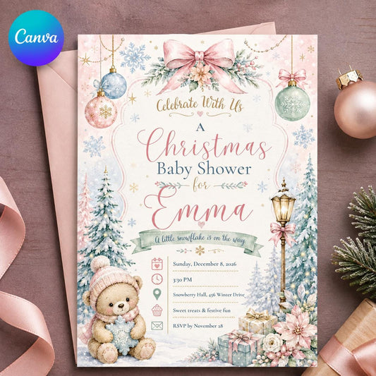 Pink Teddy Bear Winter Baby Shower Invitation for Girls — editable Canva template