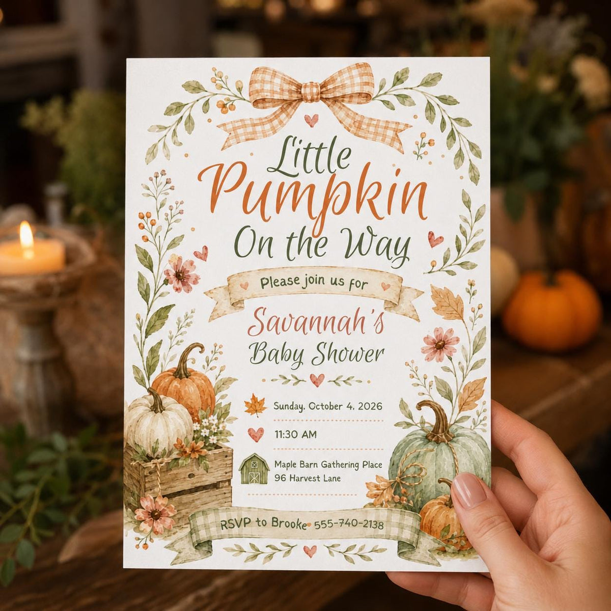 Little Pumpkin Baby Shower Invitation, Fall Neutral Pumpkin Invite, Watercolor Editable Printable Canva Template