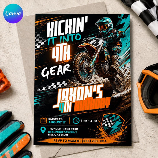 Dirt Bike 4th Birthday Invitation – Kickin Into Fourth Gear Motocross Party