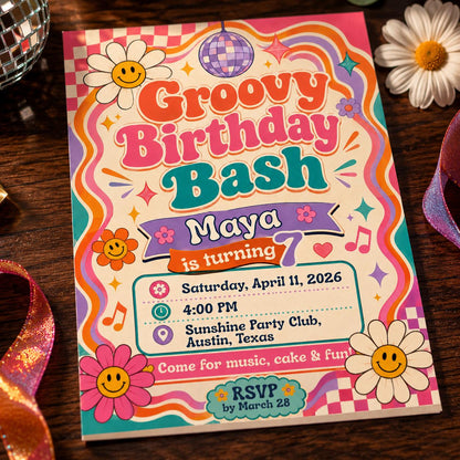 Groovy 7th Birthday Invitation – Retro Disco Girl Party