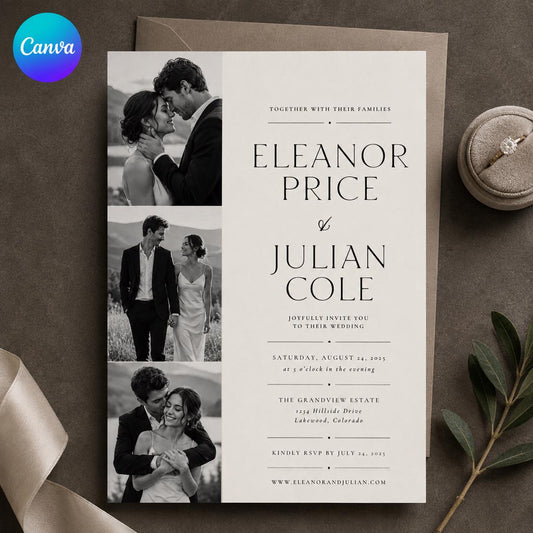 Photo Wedding Invitation – Minimalist Black and White Modern Couple Collage