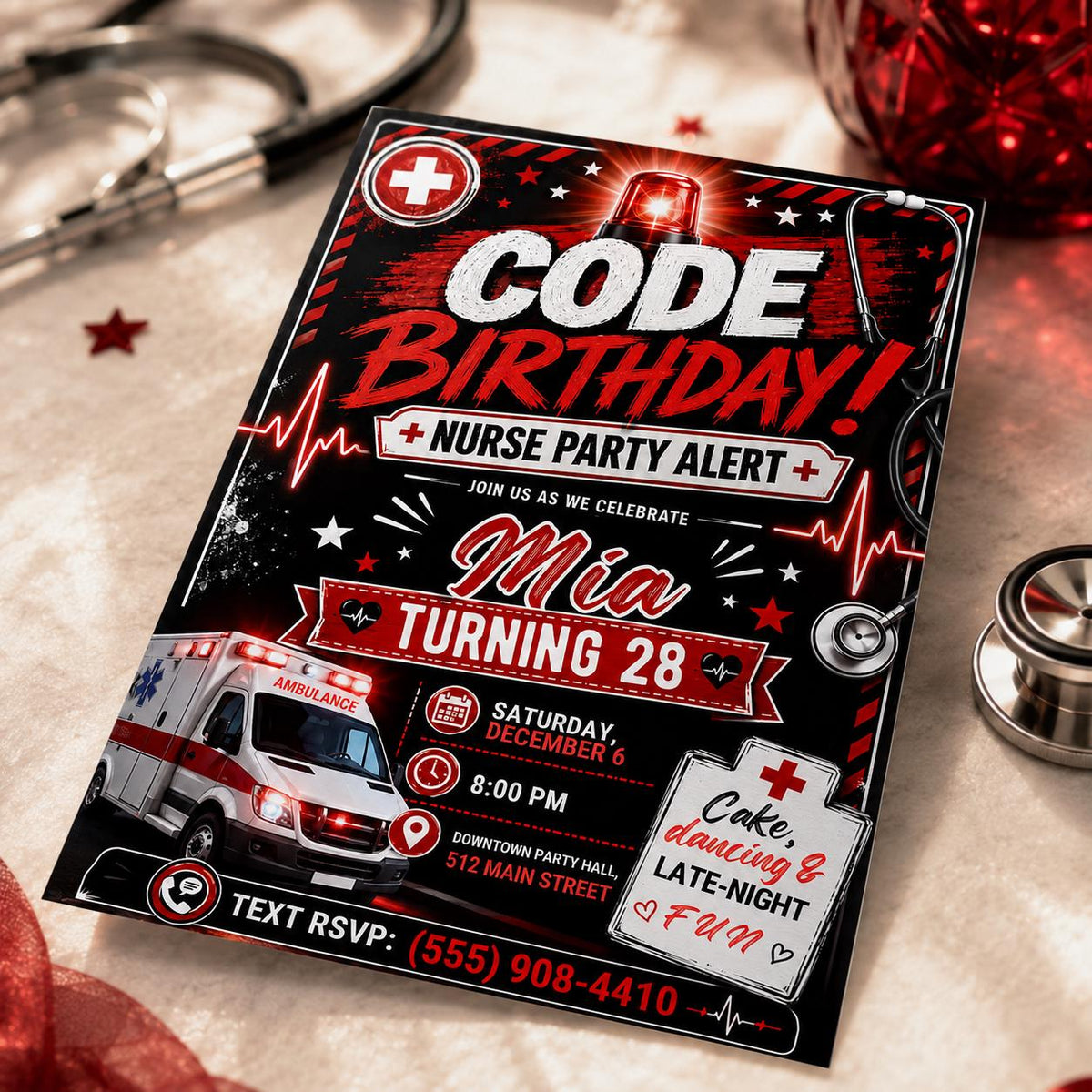 Nurse Birthday Invitation – Red Black Code Birthday 28th Medical Party Alert