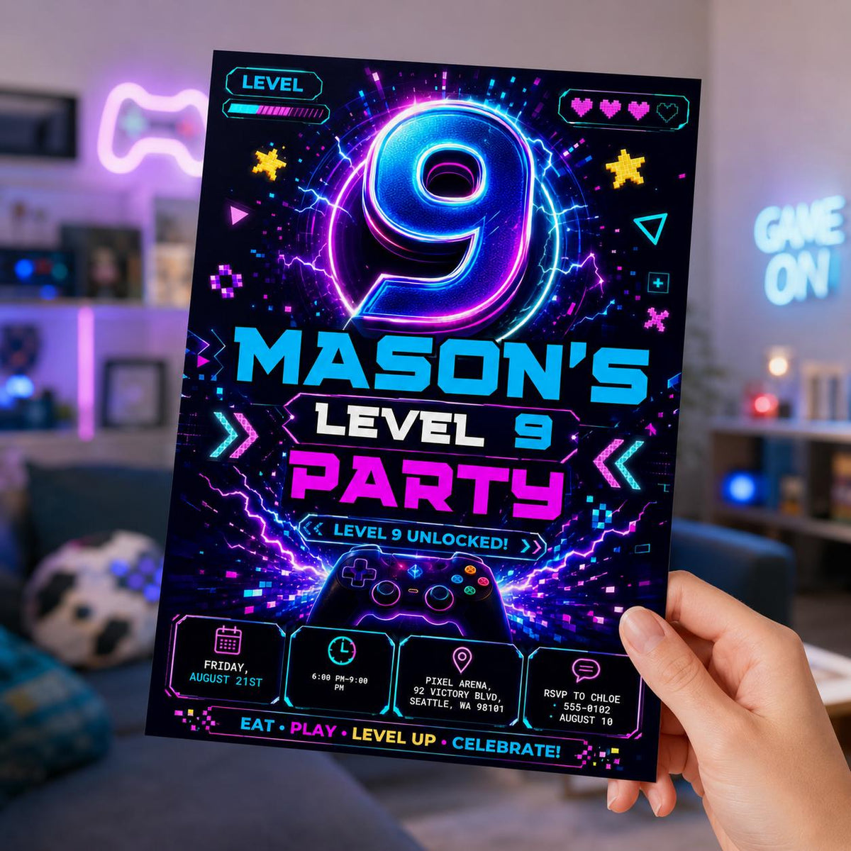 Video Game 9th Birthday Invitation – Level 9 Unlocked Neon Gamer Controller Party