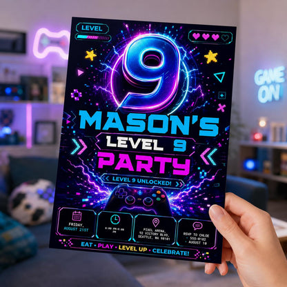 Video Game 9th Birthday Invitation – Level 9 Unlocked Neon Gamer Controller Party