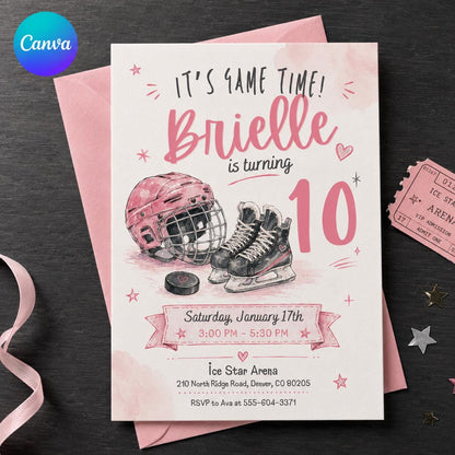 Girls Hockey Birthday Invitation – Pink Ice Hockey 10th Birthday Party Invite