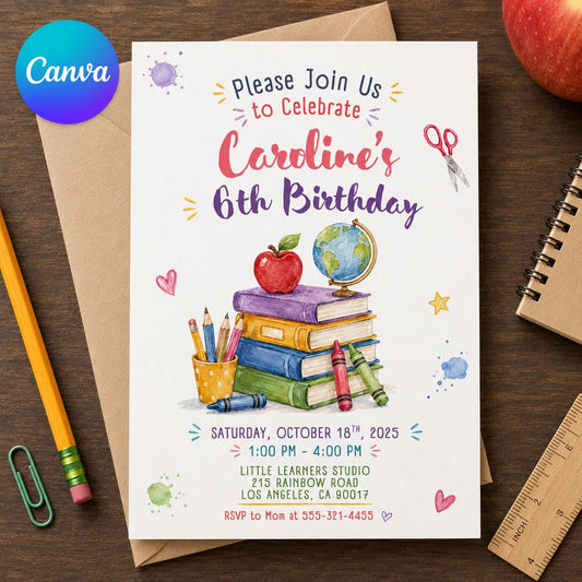 School Birthday Invitation – 6th Birthday Girl Classroom Party – Watercolor Books and Globe