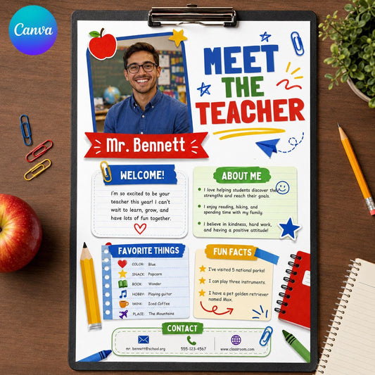 Primary Color Meet the Teacher Photo Template — editable Canva template