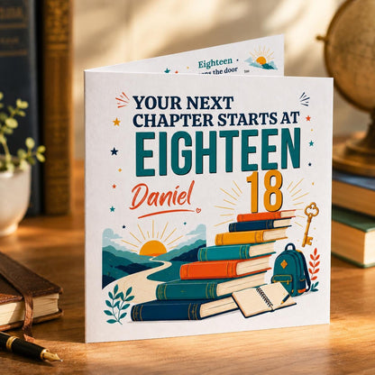 18th Birthday Greeting Card for Teen, New Chapter Books and Key Printable Editable Folded Card Canva Template