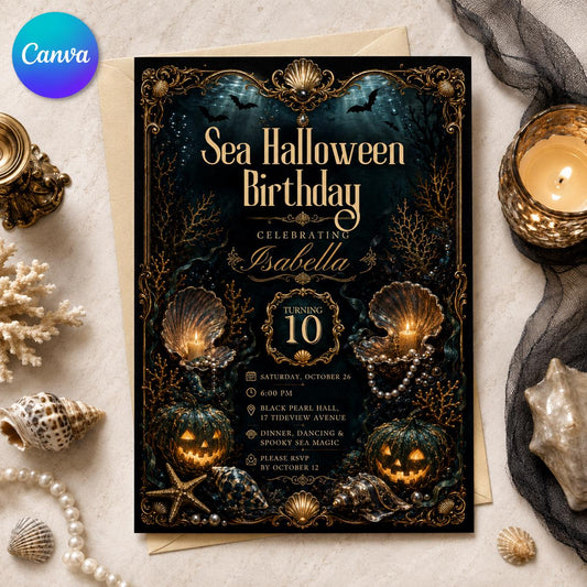 Sea Halloween Birthday Invitation – Dark Under the Sea Gothic Ocean Party Invite