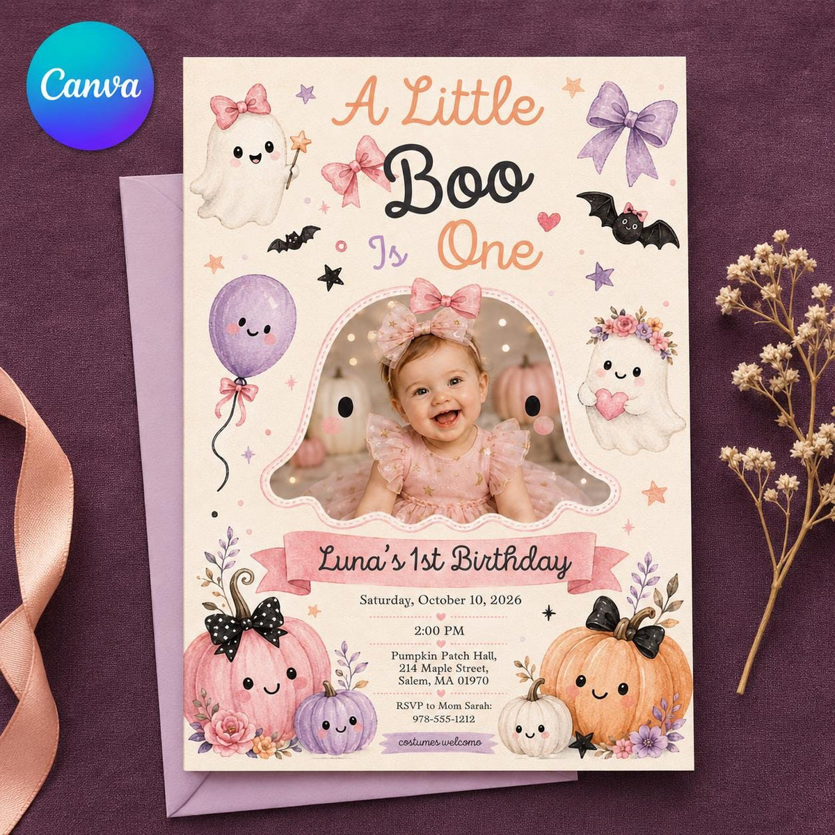 Halloween First Birthday Invitation – Little Boo Girl Photo Invite – Pastel Ghost Pumpkin Party