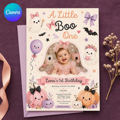Halloween First Birthday Invitation – Little Boo Girl Photo Invite – Pastel Ghost Pumpkin Party