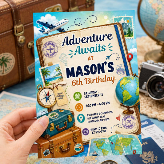 Adventure Awaits Birthday Invitation – Travel Theme Party Invite – Boy 6th Birthday Explorer Template