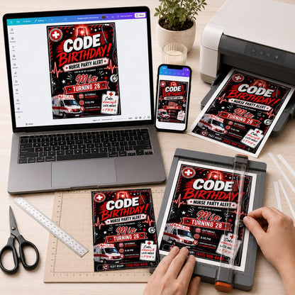 Nurse Birthday Invitation – Red Black Code Birthday 28th Medical Party Alert