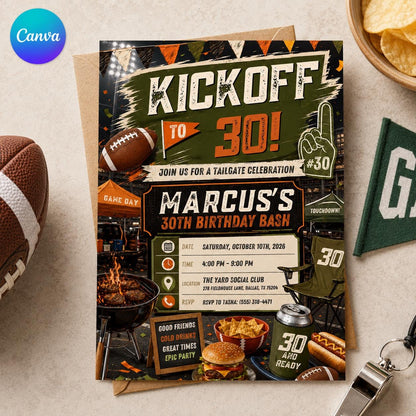 30th Birthday Football Invitation — editable Canva template