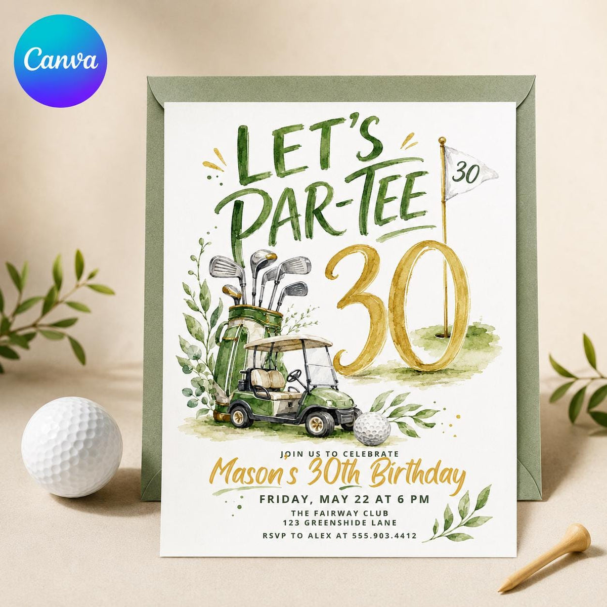 30th Birthday Golf Invitation — editable Canva template