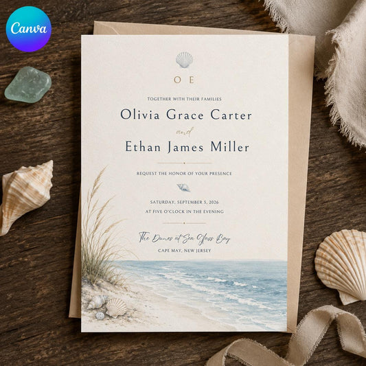Beach Wedding Invitation – Minimal Coastal Seashell Ocean Ceremony