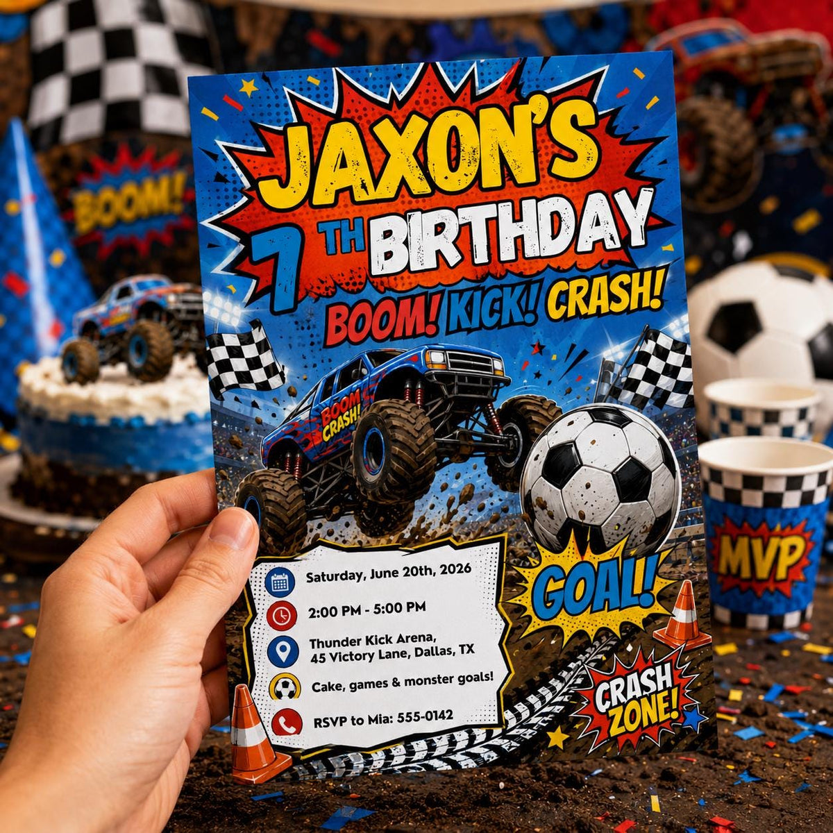 Monster Truck Soccer Birthday Invitation Boy – Comic Book Party