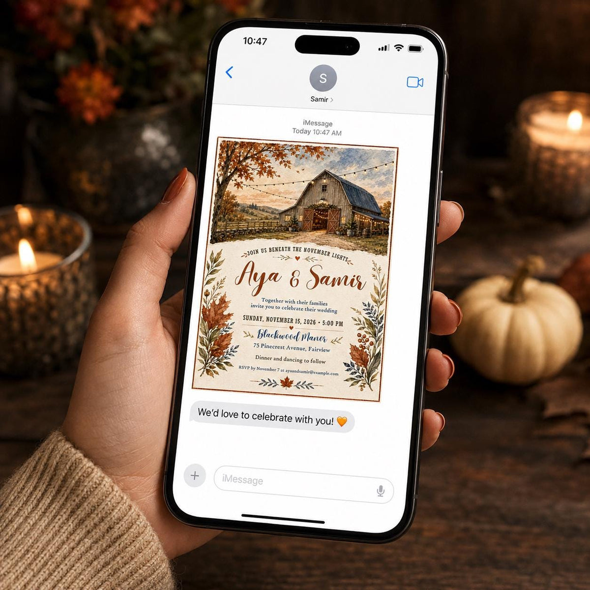 Rustic Fall Wedding Invitation – Barn Wedding Autumn Leaves