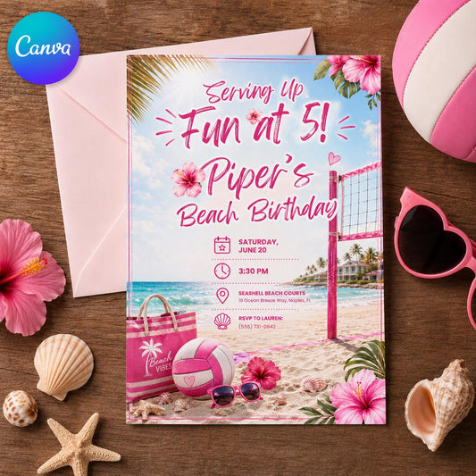 Beach Volleyball Birthday Invitation – Pink Tropical 5th Birthday Party Invite for Girls