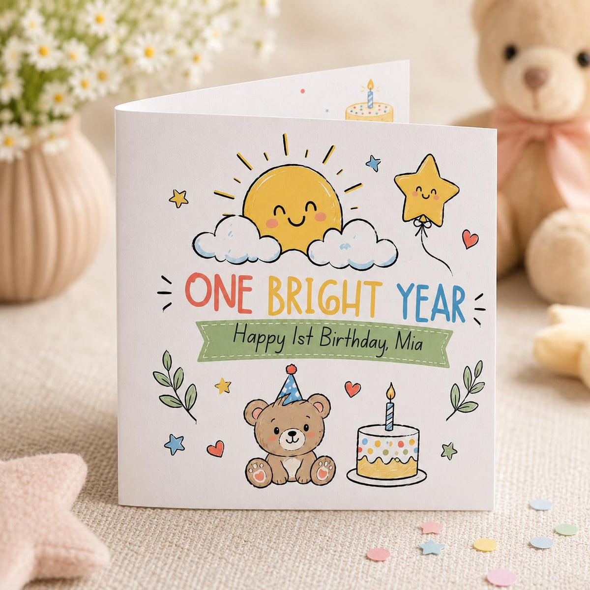1st Birthday Greeting Card for Baby, Cute Teddy Bear Printable Editable Folded Card Canva Template