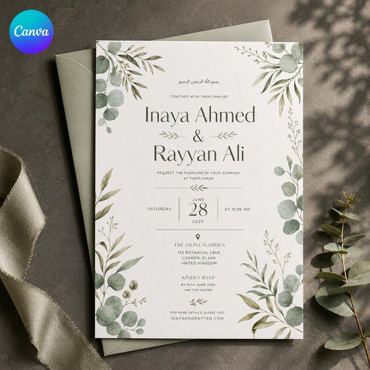 Nikah Invitation Template – Sage Green Eucalyptus Botanical Muslim Wedding