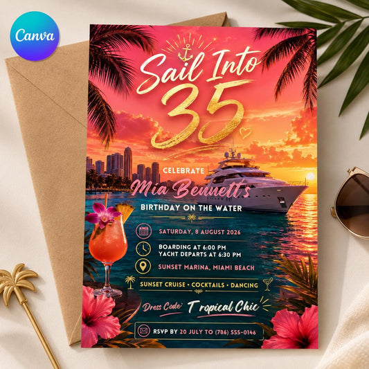 35th Birthday Yacht Party Invitation — editable Canva template