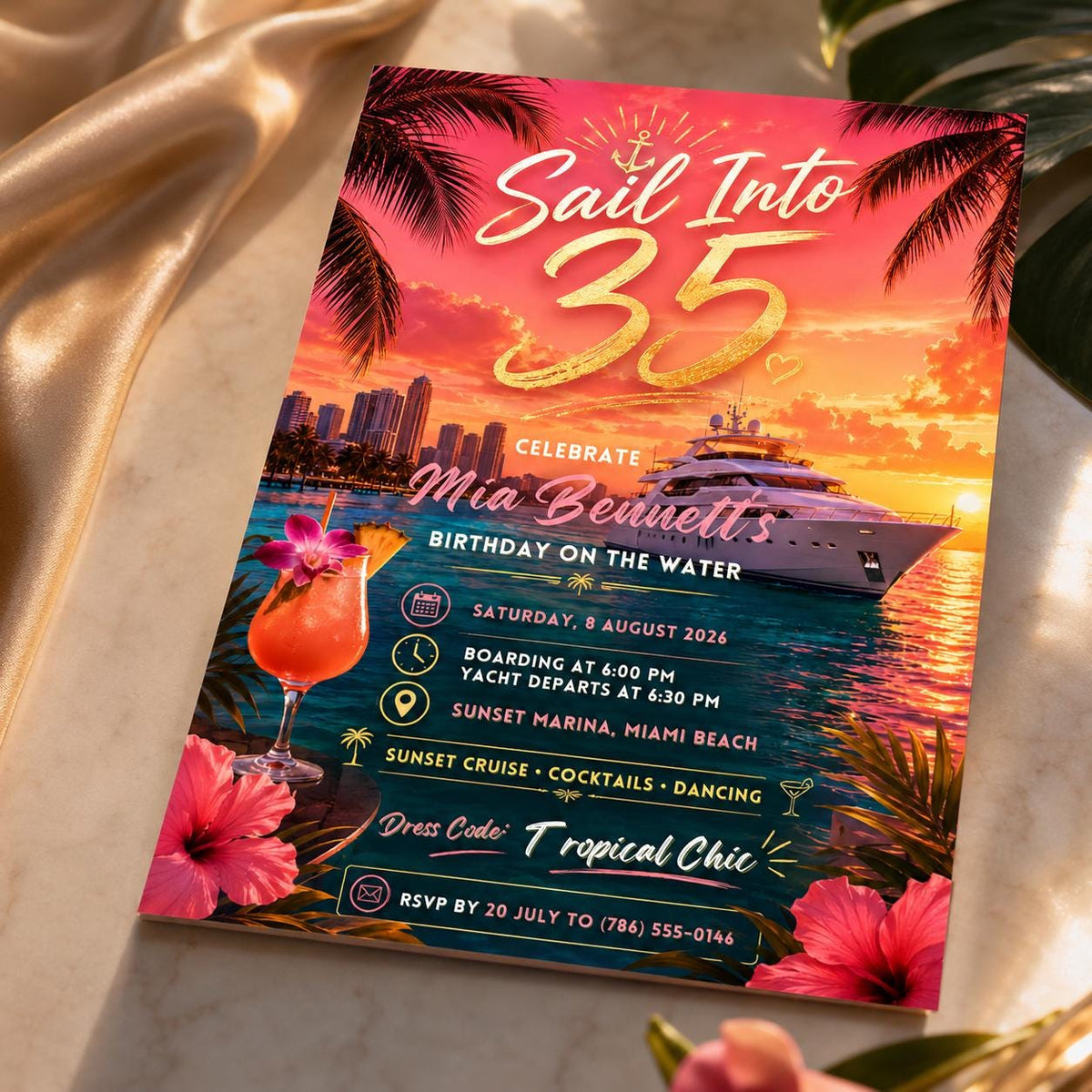 35th Birthday Yacht Party Invitation — boat and tropical design