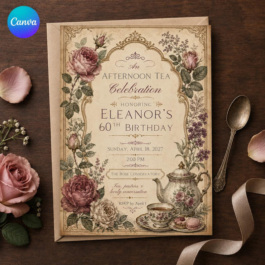60th Birthday Tea Party Invitation, Vintage Victorian Floral Afternoon Tea, Elegant Editable Canva Template