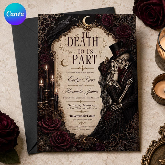 Till Death Do Us Part Wedding Invitation – Gothic Skeleton Bride and Groom – Dark Halloween