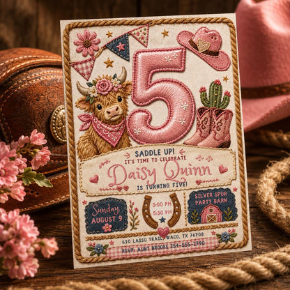Cowgirl Birthday Invitation, Editable Pink Western Girl 5th Birthday Saddle Up Invite, Printable Canva Template