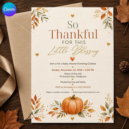 Minimalist Fall Baby Shower Invitation — editable Canva template