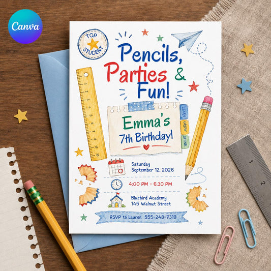 School Birthday Party Invitation – Colorful Pencil Theme 7th Birthday