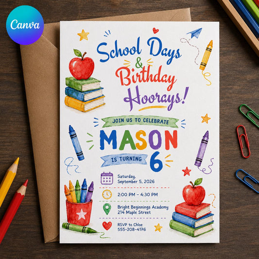 School Birthday Invitation – Back to School 6th Birthday Party – Colorful Crayon Classroom Invite