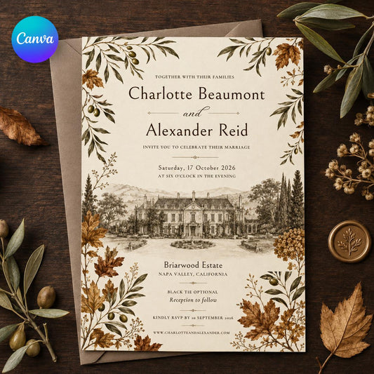 Elegant Rustic Fall Wedding Invitation: Autumn Estate Venue Illustration — editable Canva template