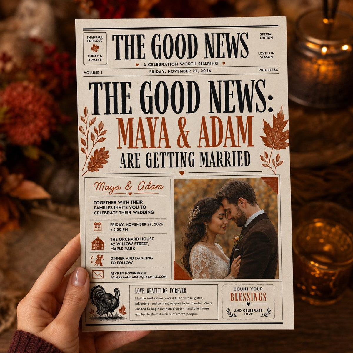 Newspaper Wedding Invitation – Fall Thanksgiving Wedding Announcement – Vintage Editorial