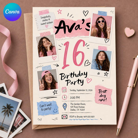Sweet 16 Photo Invitation – Pink Scrapbook Collage Teen Birthday Party Invite for Girl