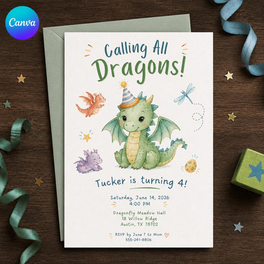Dragon Birthday Invitation – Calling All Dragons Party Invite – Cute Watercolor 4th Birthday