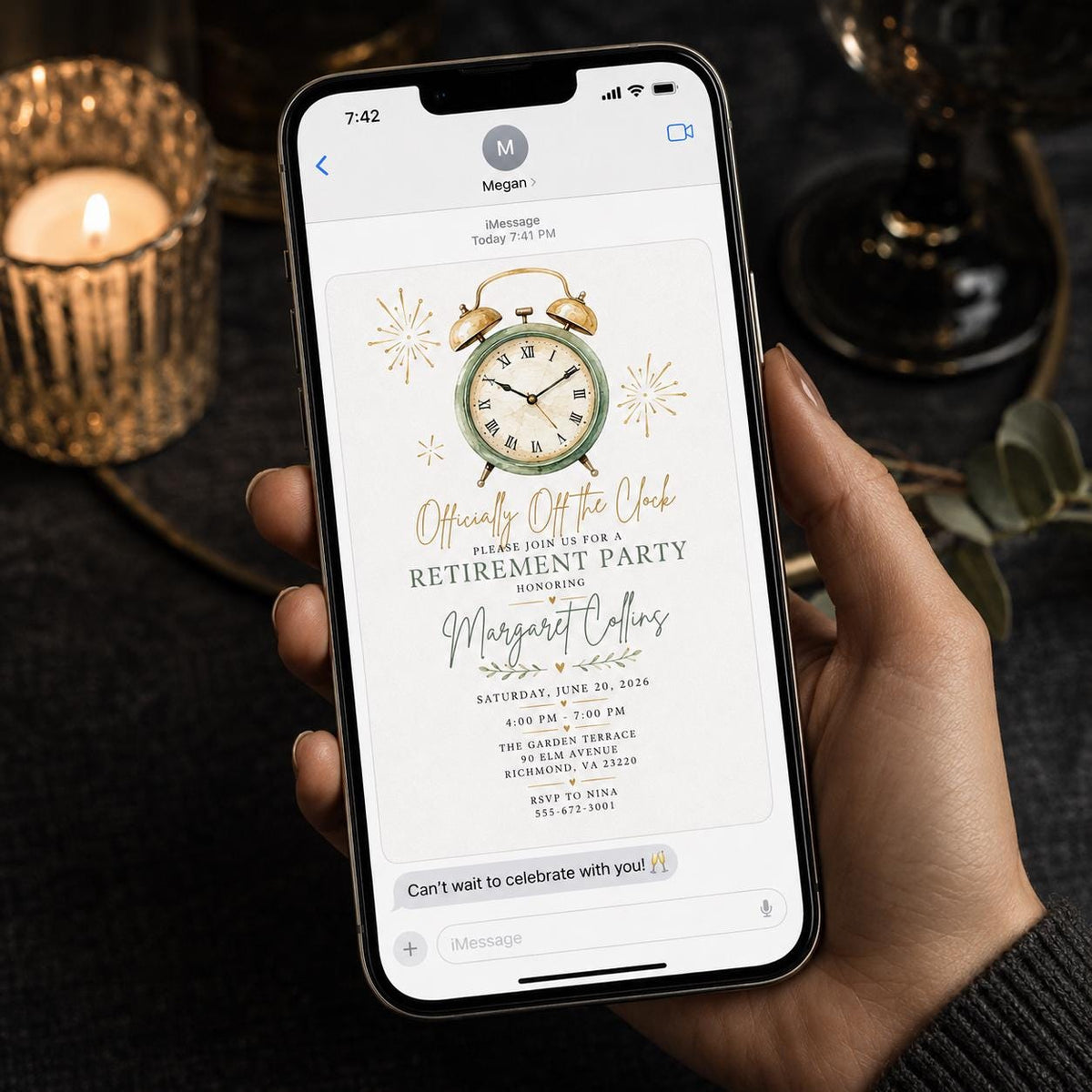 Retirement Party Invitation – Officially Off the Clock – Elegant Vintage Clock