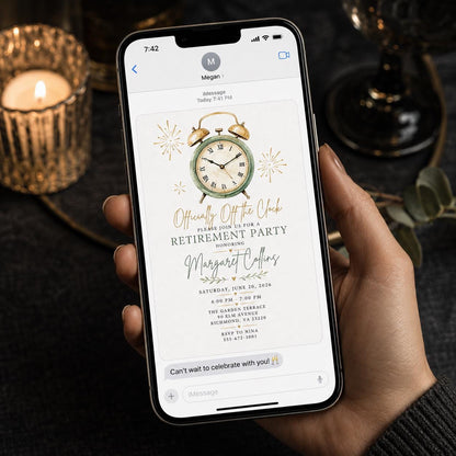 Retirement Party Invitation – Officially Off the Clock – Elegant Vintage Clock