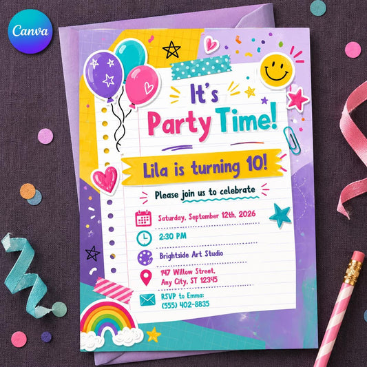 Colorful Kids Birthday Invitation – 10th Birthday Party Invite for Girls – Pastel School Doodle