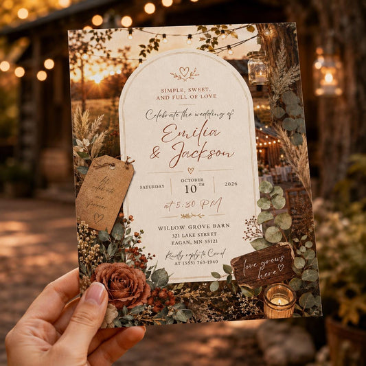 Terracotta Boho Rustic Barn Wedding Invitation — editable Canva template