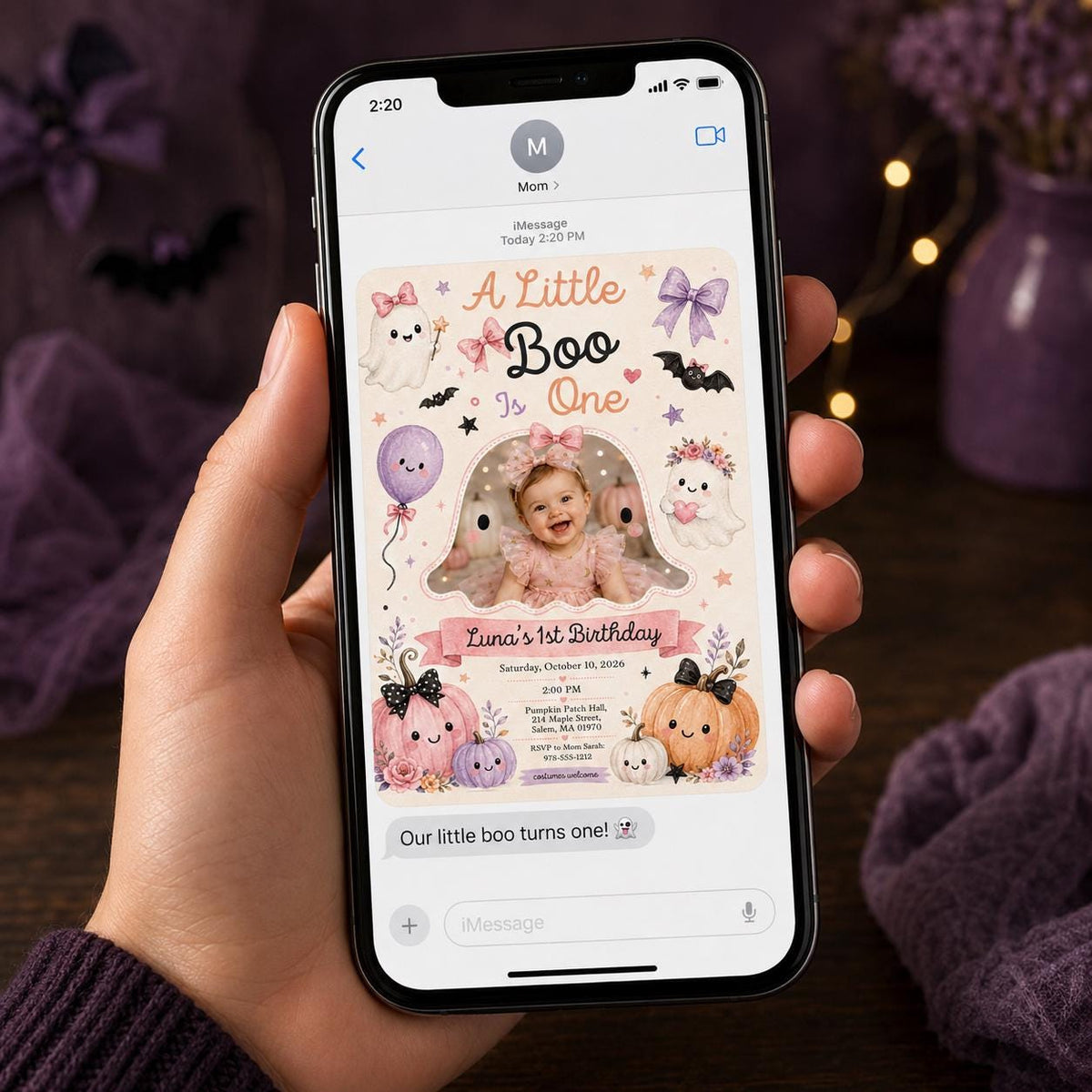 Halloween First Birthday Invitation – Little Boo Girl Photo Invite – Pastel Ghost Pumpkin Party