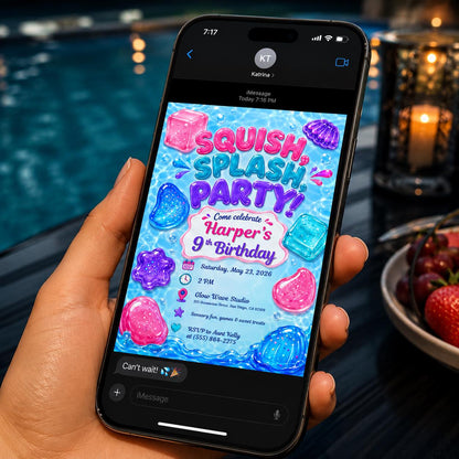 Squish and Splash Birthday Invitation, Sensory Water Party for Girls, Colorful 9th Birthday Invite, Editable Canva Template