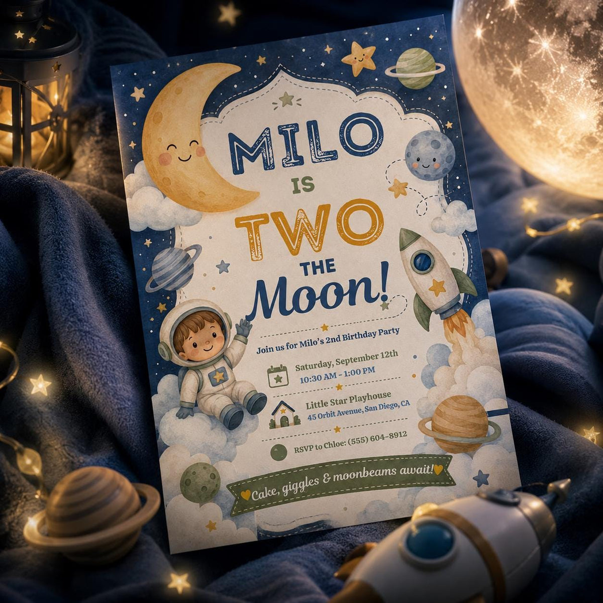 Two The Moon Birthday Invitation, Editable Canva Template, Space Party Invite, Printable Astronaut Birthday Invite, Milo Turns 2 Party Theme