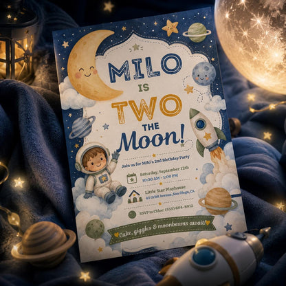 Two The Moon Birthday Invitation, Editable Canva Template, Space Party Invite, Printable Astronaut Birthday Invite, Milo Turns 2 Party Theme