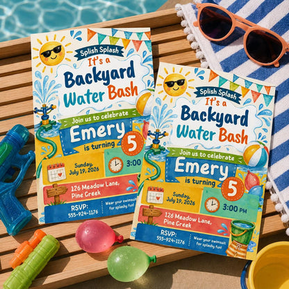 Backyard Water Bash Birthday Invite, Backyard Water Slide Birthday Invitation, Summer Splash Pool Party Invite, Editable Canva Kids Birthday